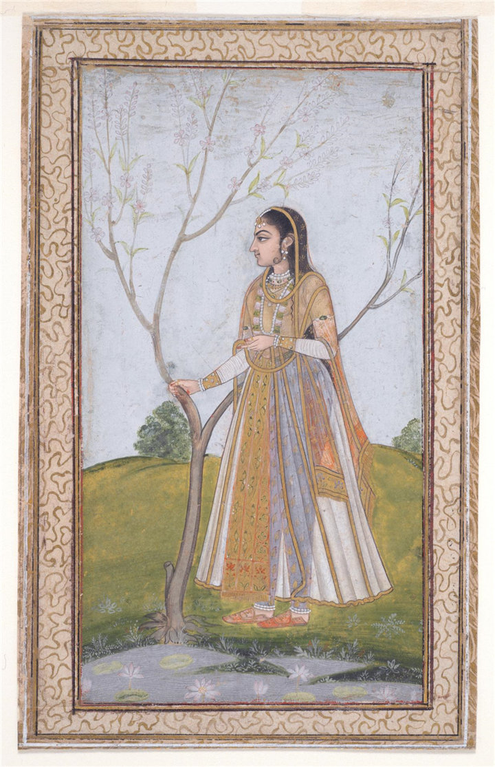 印度水彩-抓树枝的女人，18世纪