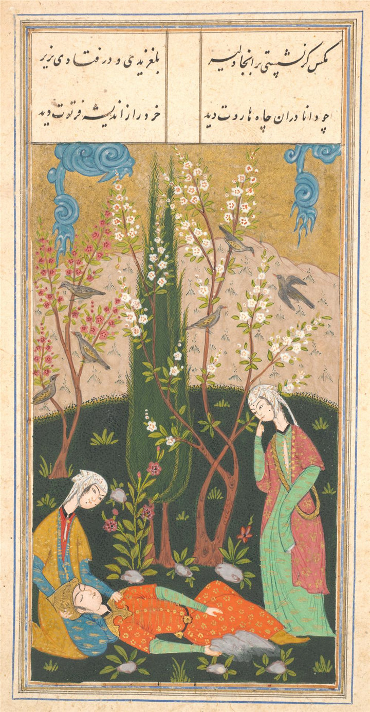 伊朗水彩-地球形式的天使 Harut 和 Marut，来自一份身份不明的手稿，1560年