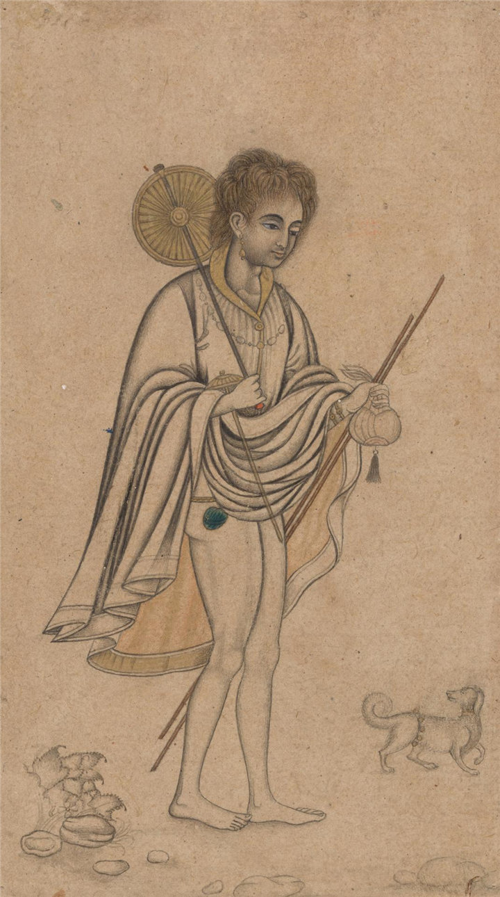 印度水彩-与狗的苦行僧，17世纪