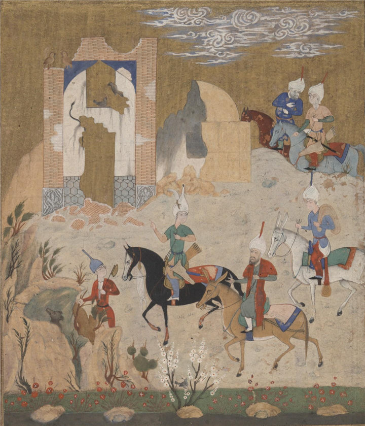 伊朗水彩-Nishirvan 和猫头鹰,来自 Nizami 的 Makhazan al-Asrar 手稿 1550年