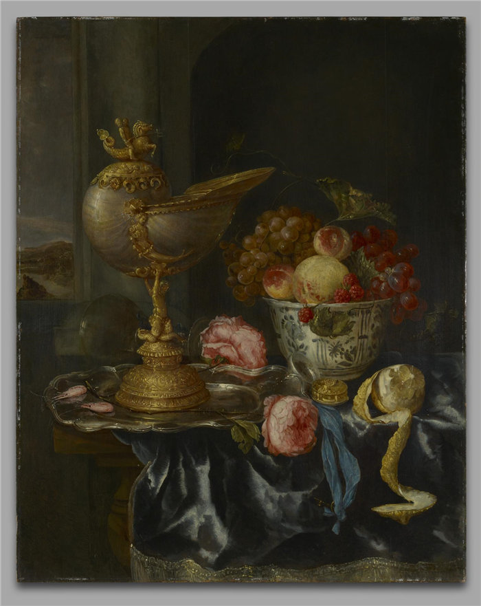 亚伯拉罕·范·贝耶伦（Abraham van Beyeren），荷兰人，1620-1690-宴会静物与鹦鹉螺杯油画