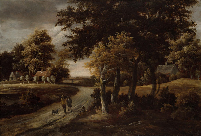 梅德特（Meindert Hobbema），荷兰人，1638–1709 年-树木繁茂的景观与路径上的人物油画