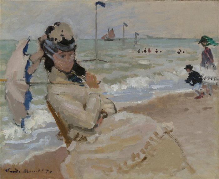 克洛德·莫奈( Claude Monet),法国人,1840–1926 年-卡米尔在特鲁维尔的海滩上