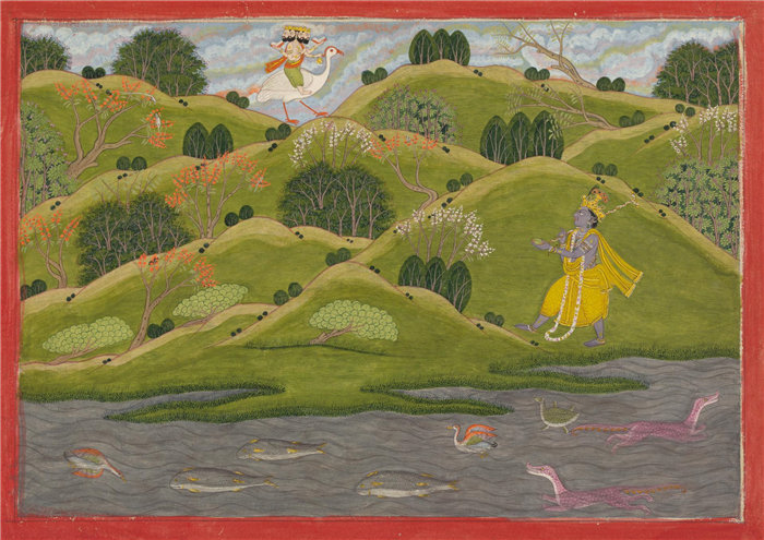 印度作品-克里希纳智胜印度教神梵天，18世纪