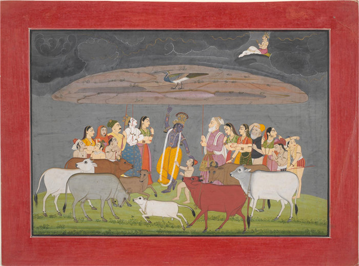 印度作品克里希纳从主的历史（博伽瓦塔往世书）手稿中举起戈瓦尔丹山