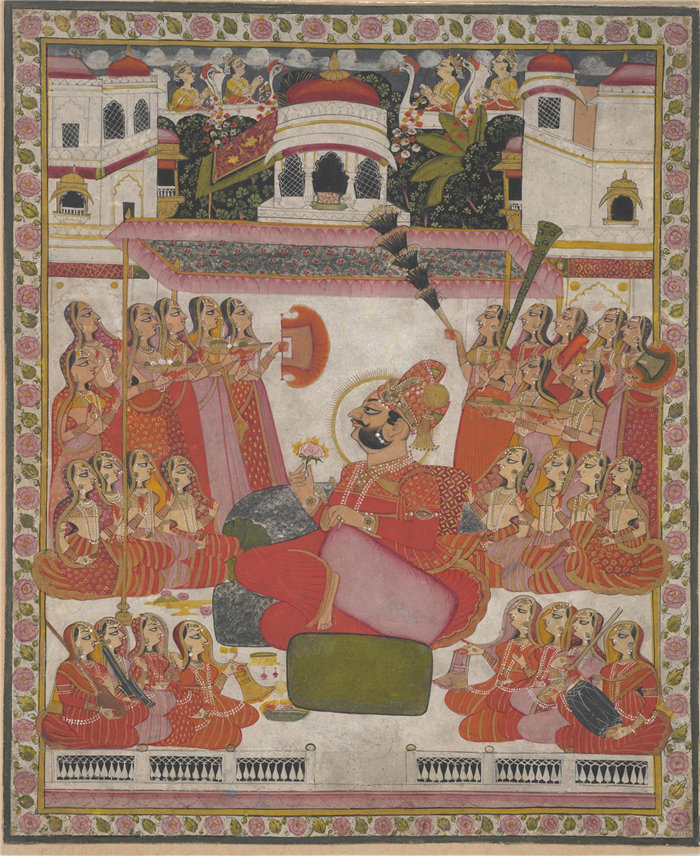 印度作品-Ragini Sarang，Marwar 的 Bhim Singh 坐在靠枕上，18世纪