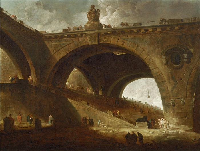 休伯特·罗伯特（Hubert Robert），法国人，1733–1808 年-老桥 1760年油画