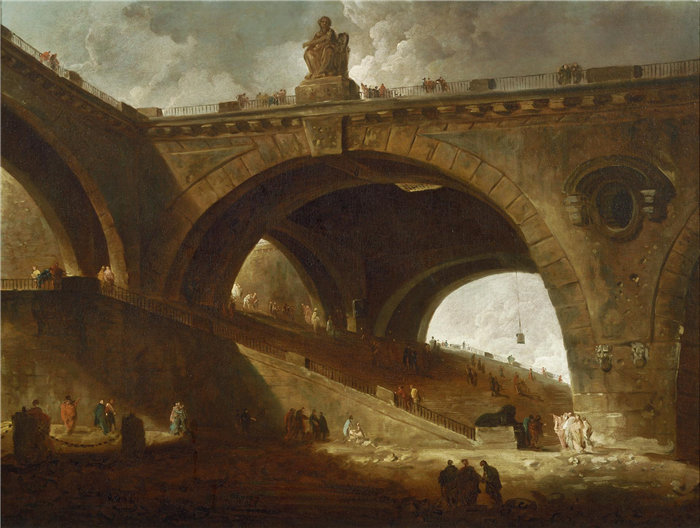 休伯特·罗伯特(Hubert Robert),法国人,1733–1808 年-老桥 1760年油画