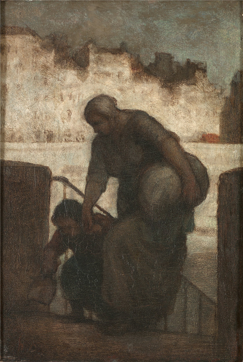 奥诺雷·杜米埃（Honoré Daumier）-Quai d'Anjou 上的洗衣店，1860年 法国油画