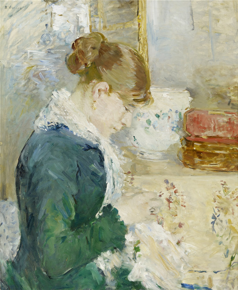 贝特·莫里索(Berthe Morisot)-Femme cousant(女缝纫),1879年 法国油画