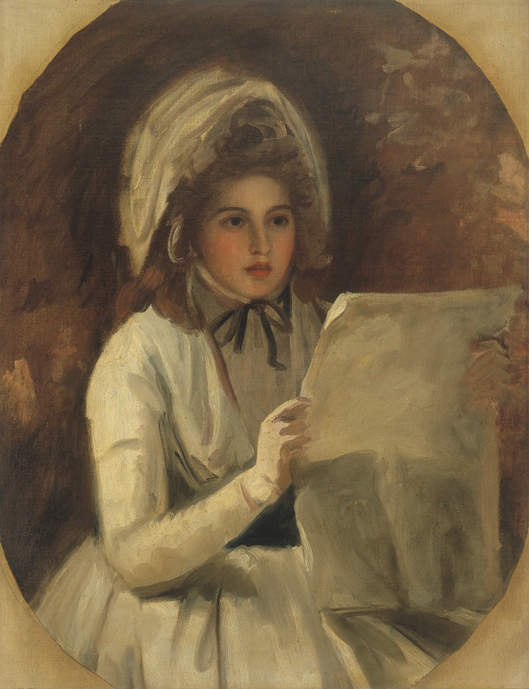 乔治·罗姆尼（George Romney）-汉密尔顿夫人扮演“瑟琳娜”读报纸，1782年油画 英国