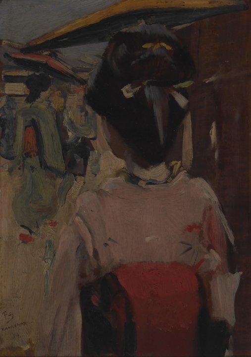 爱德华·阿特金森·霍内尔（Edward Atkinson Hornel）-穿和服的女人，1894 年油画 苏格兰