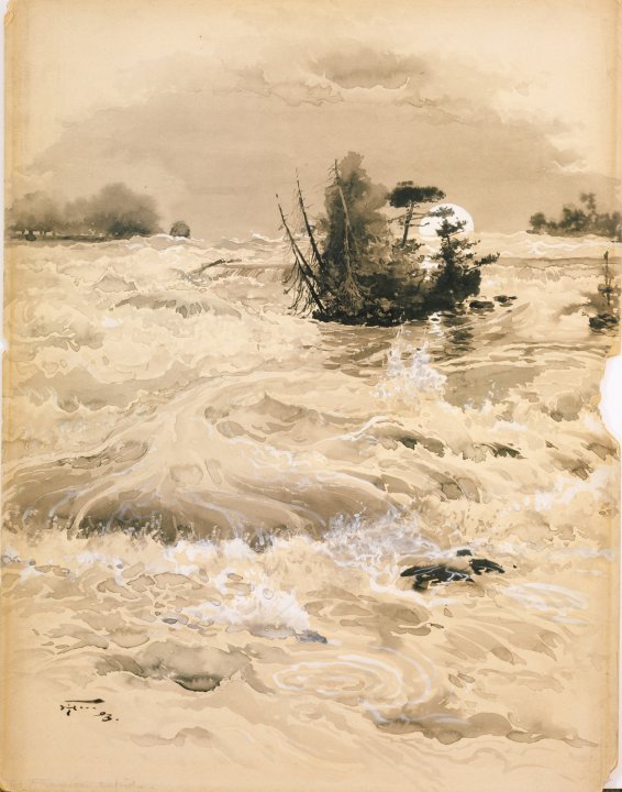 哈里·芬恩（Harry Fenn）-月光下的美国急流，1893年水彩 美国
