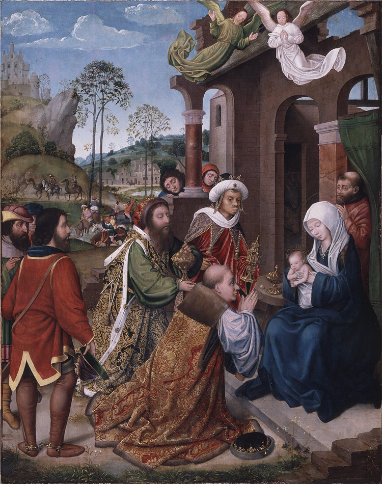 雨果·凡·德·古斯（Hugo van der Goes）的追随者，荷兰南部， 1440–1482 年-魔法师的崇拜油画