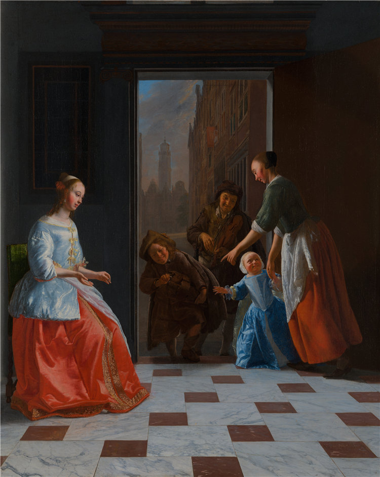 雅各布·奥克特维尔特(Jacob Ochtervelt),荷兰人,1634–1682 年-门口的街头音乐家油画