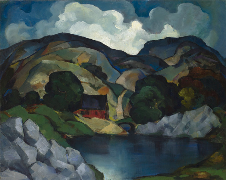 E. Oscar Thalinger,美国,1885–1965年-河流景观与房子油画