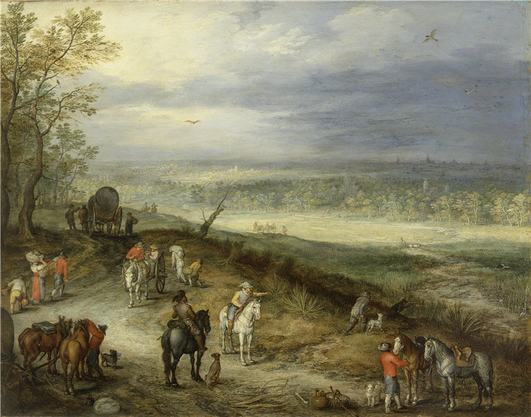 扬·布鲁格赫尔( Jan Brueghel The Elder),1568–1625 年-广阔的风景与乡村道路上的旅行者