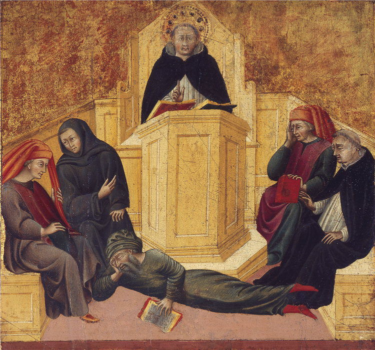 乔瓦尼·迪保罗(Giovanni di Paolo),意大利人,约 1399–1482 年-圣托马斯阿奎那混淆阿威罗油画