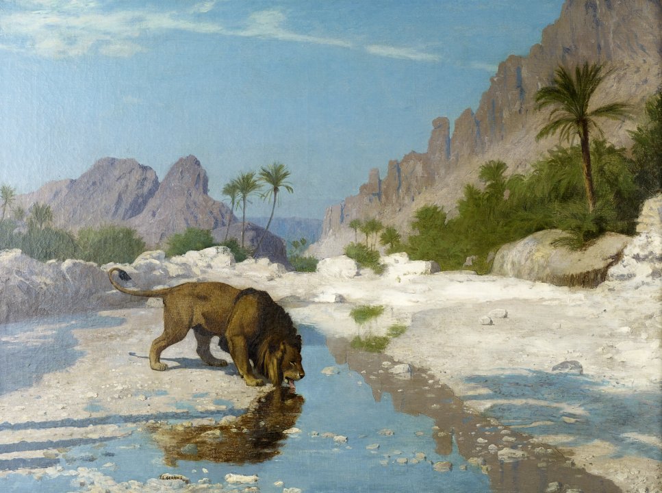 让·莱昂·杰罗姆（Jean-Léon Gérôme）-沙漠中的狮子，1885年油画 法国