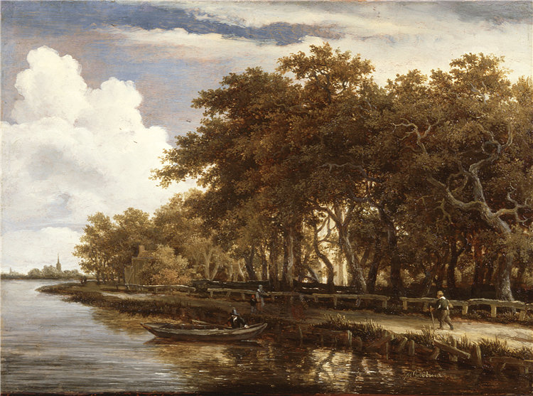 梅德特 (Meindert Hobbema)，荷兰画家，1638–1709 年-沿阿姆斯特尔的景色油画