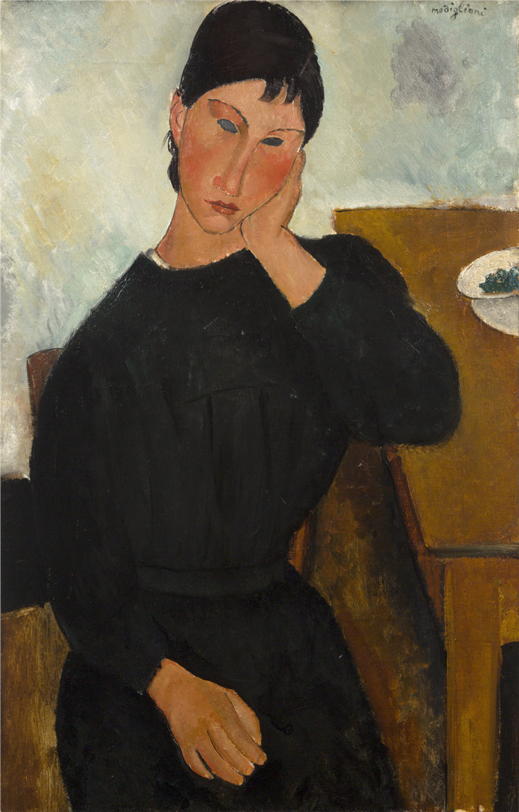 阿梅迪奥·莫迪利亚尼（Amedeo Modigliani），意大利人，1884–1920 年-埃尔维拉在桌边休息油画