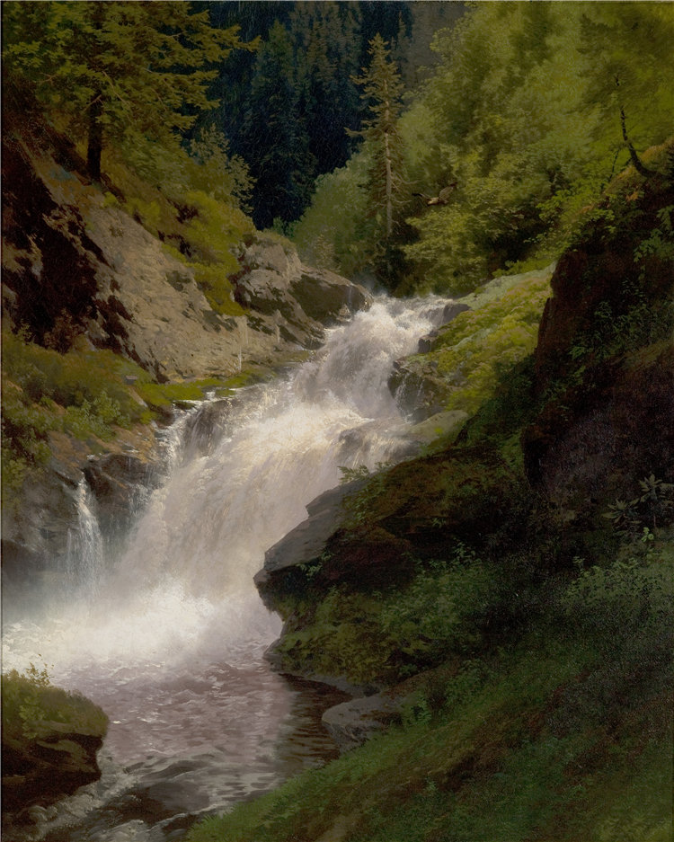 赫尔曼·赫尔佐格(Hermann Herzog),美国,1831–1932 年-威诺娜瀑布油画