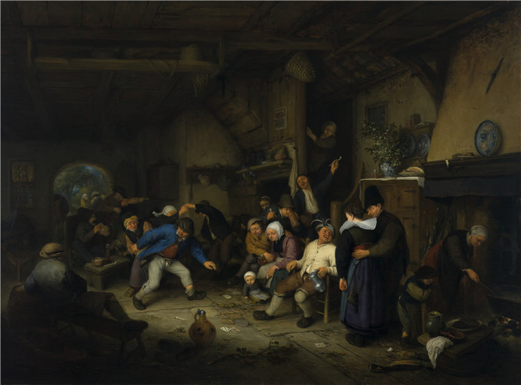 阿德里亚恩·范·奥斯塔德 (Adriaen van Ostade)，荷兰人，1610–1685 年-农民在酒馆跳舞油画