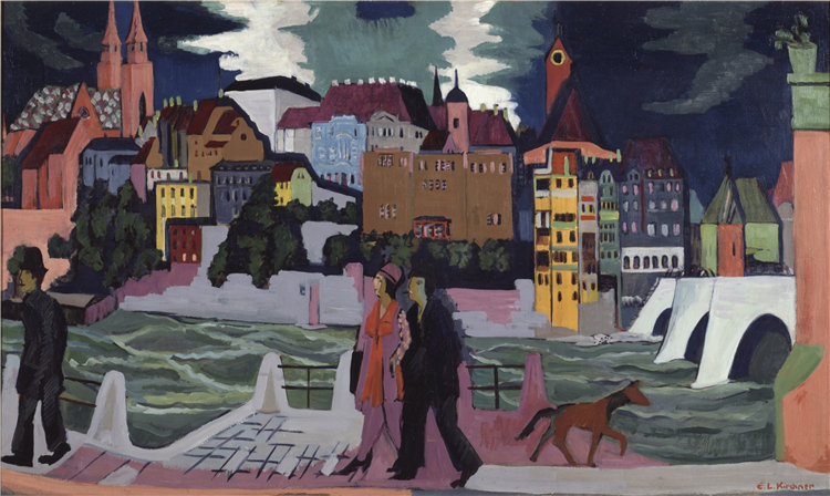 恩斯特·路德维希·基希纳（Ernst Ludwig Kirchner），德国人，1880–1938 年-巴塞尔和莱茵河的景色油画