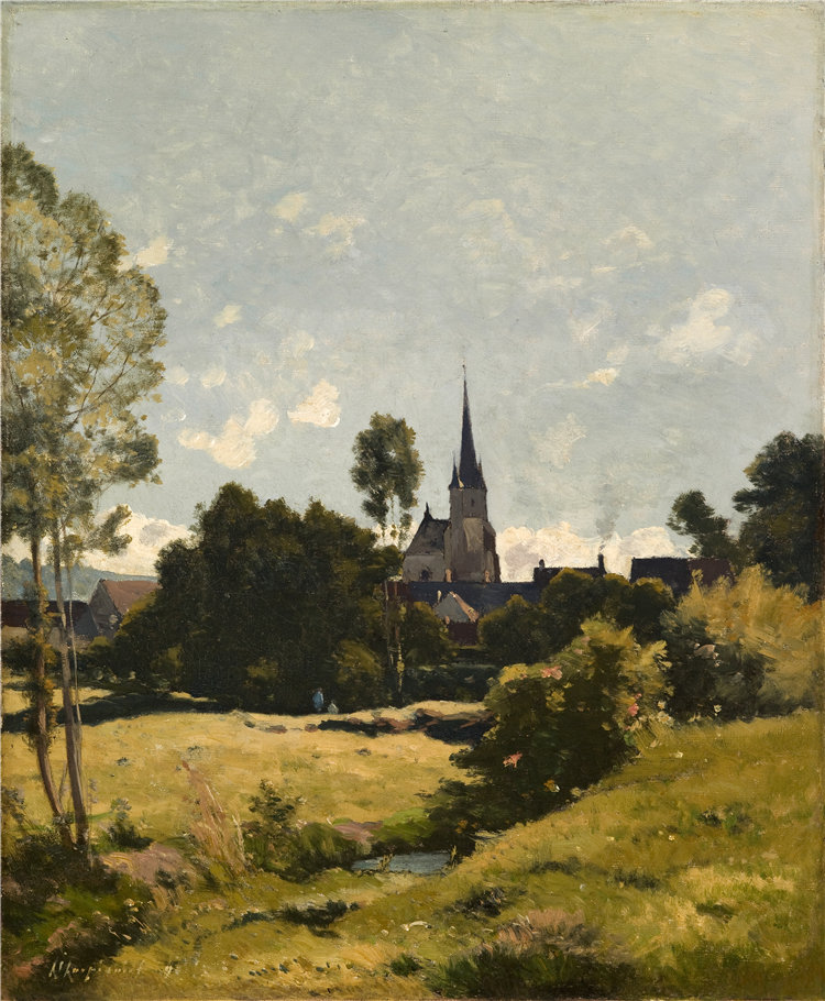 亨利·约瑟夫·哈皮尼（Henri Joseph Harpignies），法国人，1819–1916 年-乡村教堂油画