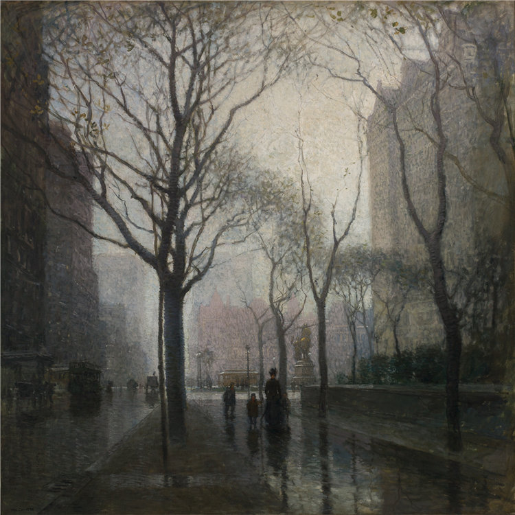 保罗·科诺耶（Paul Cornoyer），美国画家，1864–1923 年-雨后广场油画