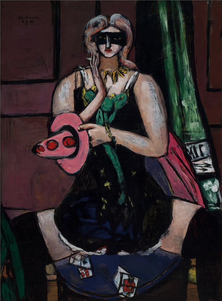 马克斯·贝克曼（Max Beckmann），德国人，1884–1950 年-嘉年华面具，绿色、紫色和粉红色（哥伦拜恩）油画