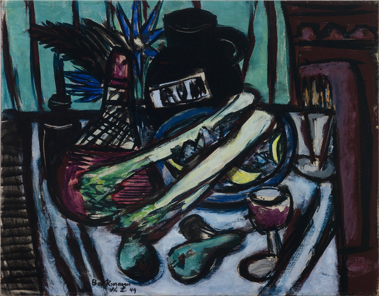 马克斯·贝克曼（Max Beckmann, German），德国人，1884–1950 年-基安蒂瓶和芹菜的静物油画