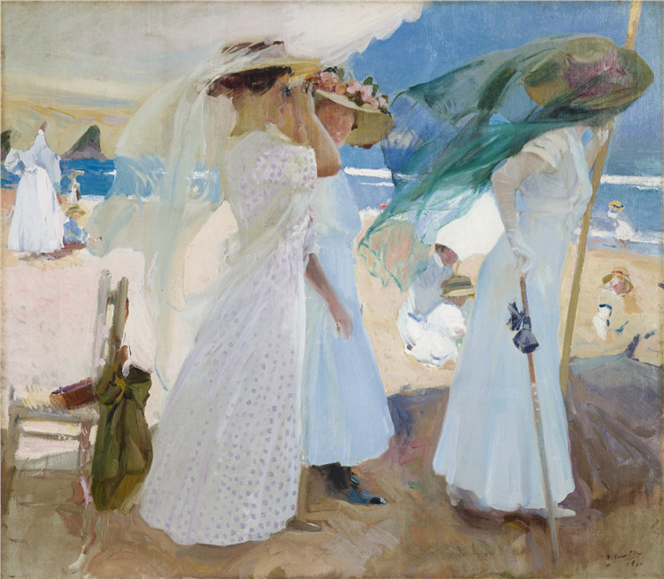 华金·索罗拉·巴斯蒂达 (Joaquín Sorolla y Bastida),西班牙人,1863–1923 年-遮阳篷下,扎鲁茨油画