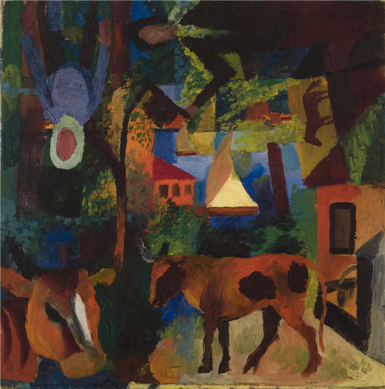 奥古斯特·麦克（August Macke），德国人，1887–1914 年-有牛、帆船和彩绘人物的风景油画