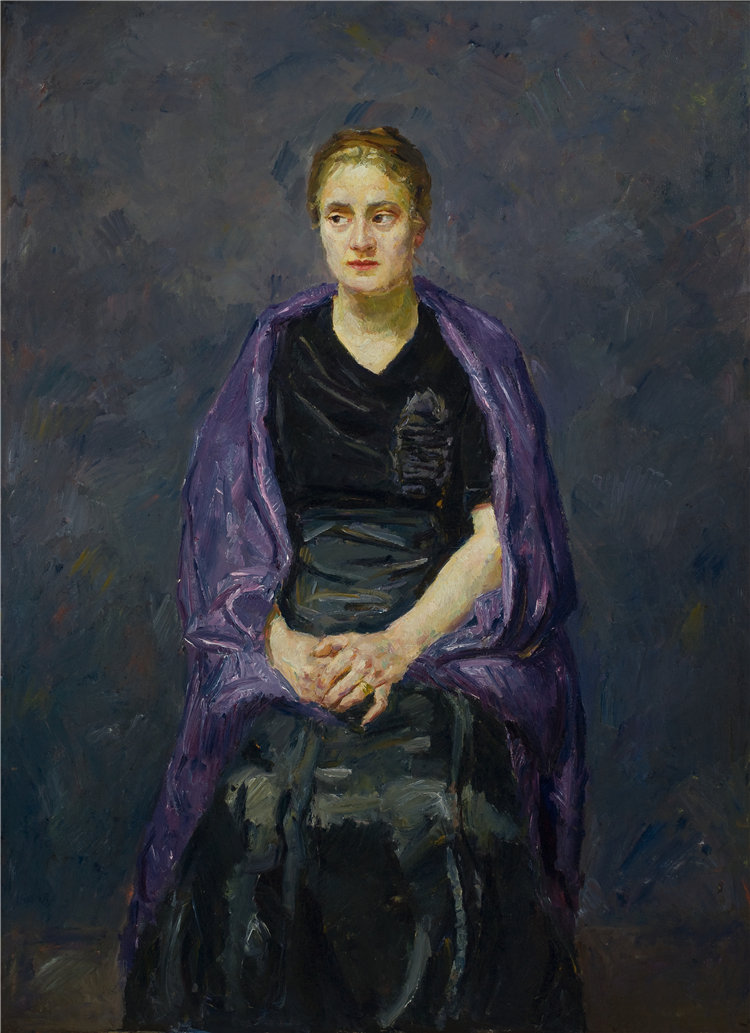 马克斯·贝克曼（Max Beckmann, German），德国人，1884–1950 年-紫色披肩水貂肖像油画