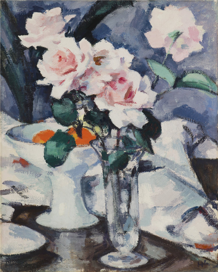 塞缪尔·约翰·佩普洛 (Samuel John Peploe)，苏格兰人，1871–1935 年-玻璃花瓶中的粉红玫瑰油画