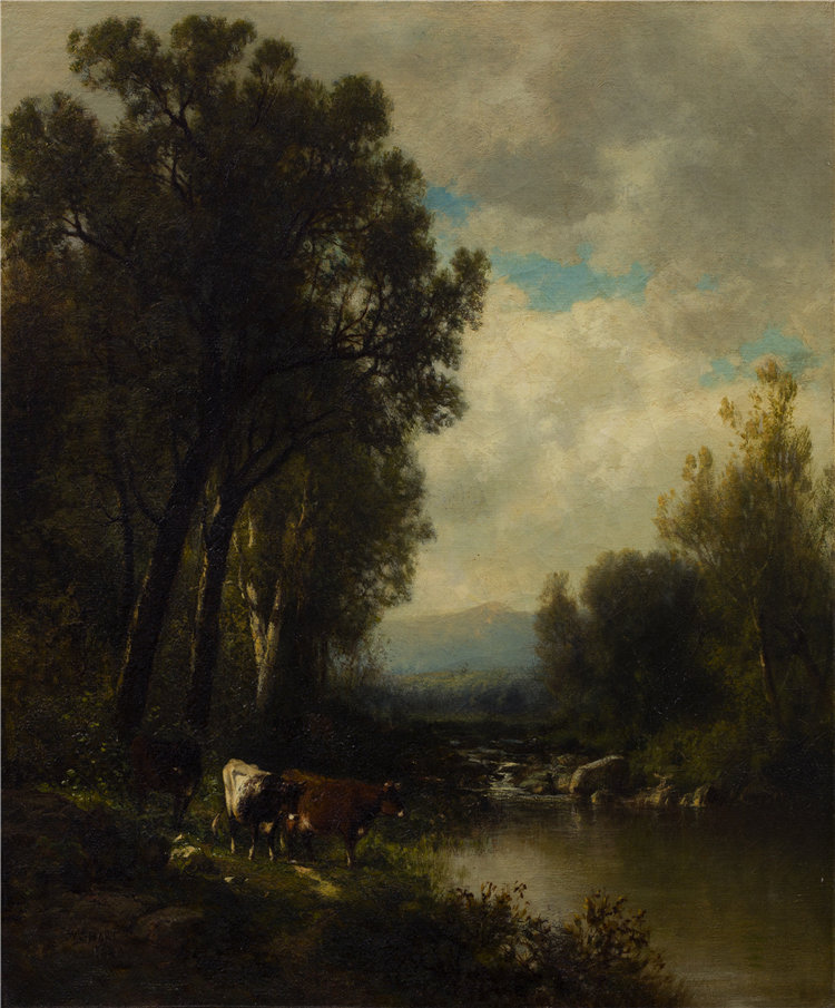 威廉·M·哈特(William M. Hart),美国画家(生于苏格兰),1823–1894 年-河边的牛油画