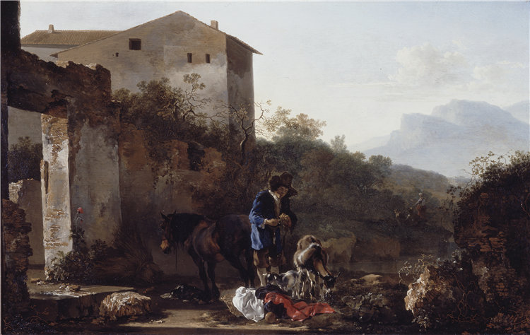 亚当·皮纳克（Adam Pynacker），荷兰人，约 1620–1673 年-有牧羊人的风景油画