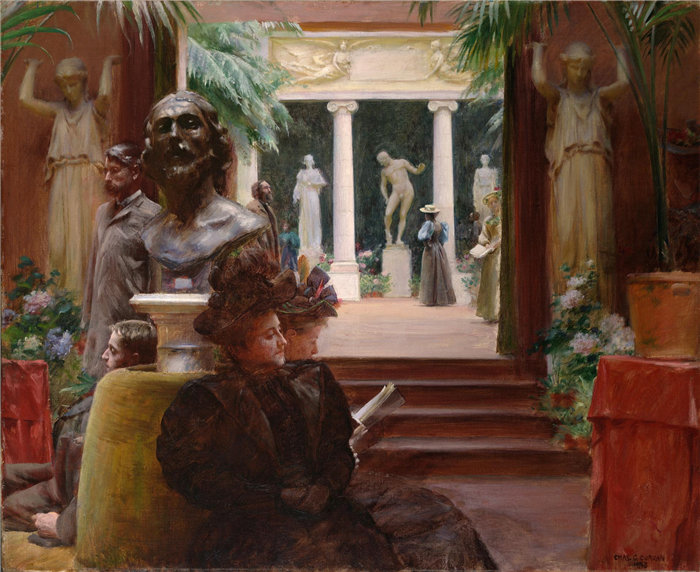 查尔斯·考特尼·柯伦(Charles Courtney Curran),美国人,1861–1942 年-在雕塑展上 1895年油画
