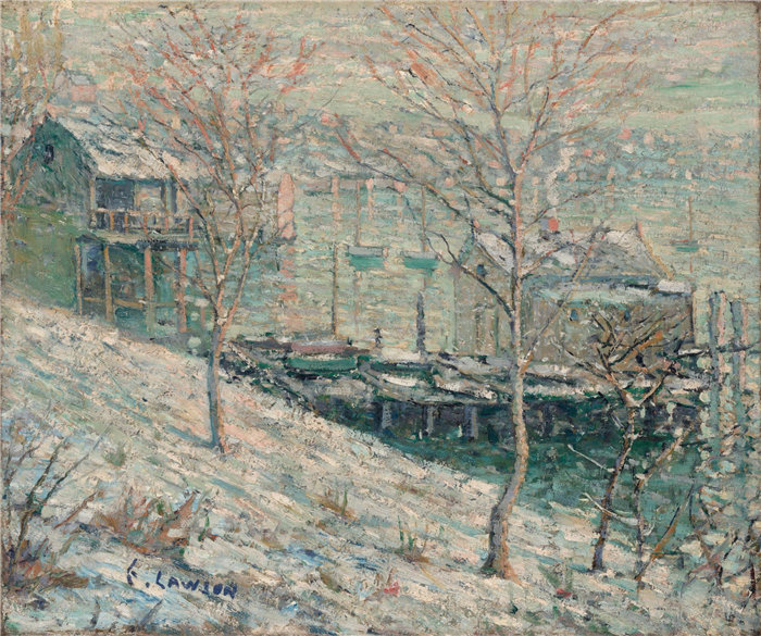 欧内斯特·劳森（Ernest Lawson），美国人，1873–1939 年-哈莱姆河冬景油画