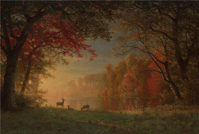 阿尔伯特·比尔施塔特（（Albert Bierstadt）），美国人，1830 年 - 1902 年-印度日落：湖边的鹿油画