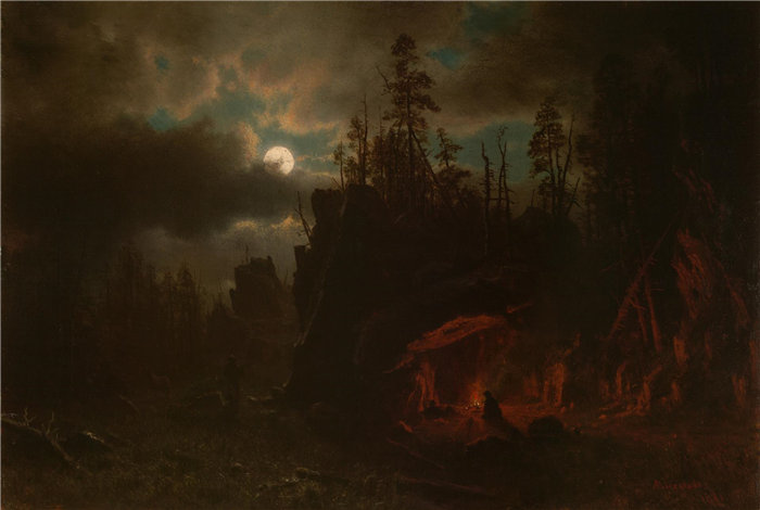 阿尔伯特·比尔施塔特（（Albert Bierstadt）），美国人（生于德国），1830 年 - 1902 年-捕手营地油画