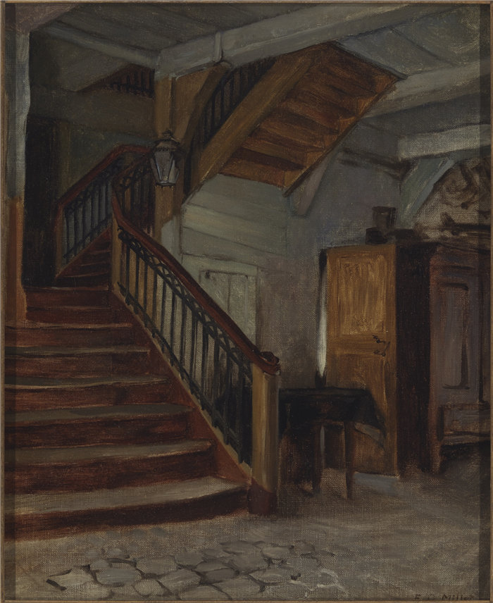 弗朗西斯·戴维斯·米勒 (Francis Davis Millet)-旋转楼梯的房间内部油画 美国