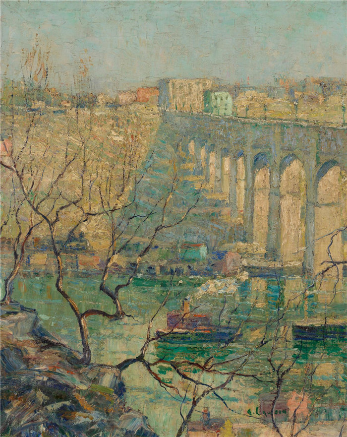 欧内斯特·劳森（Ernest Lawson），美国人，1873–1939 年-桥的景色油画