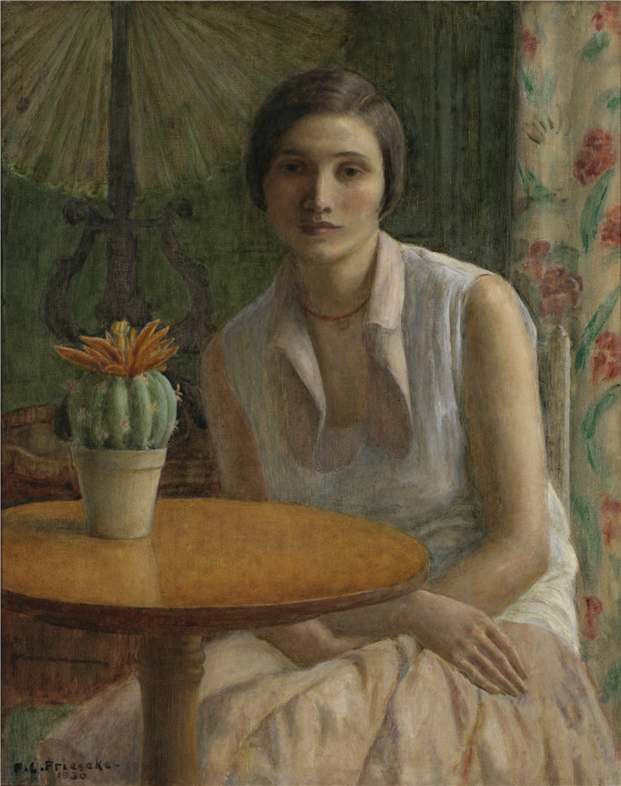弗雷德里克·卡尔·弗里塞克 (Frederick Carl Frieseke)-女人的肖像（仙人掌）油画 美国
