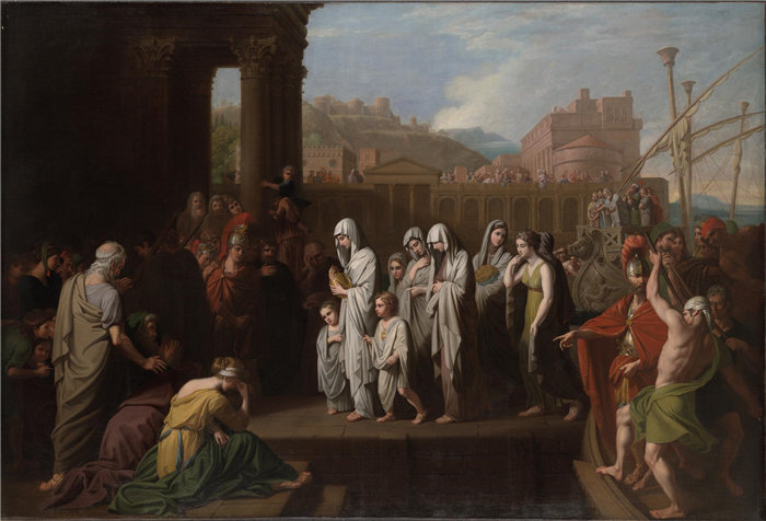 本杰明·韦斯特 (Benjamin West),美国人,1738–1820 年-阿格里皮娜带着日耳曼尼库斯的骨灰登陆布伦迪西姆油画