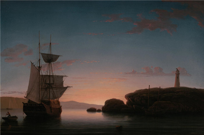 菲茨·亨利·莱恩(Fitz Henry Lane),美国人,1804–1865 年-缅因州卡姆登的灯塔油画