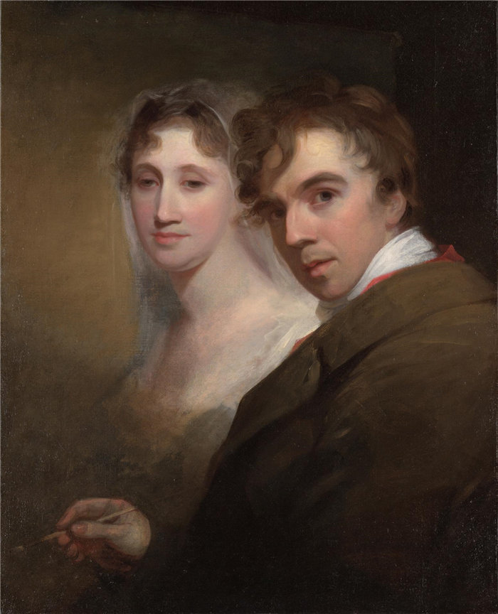 托马斯·萨利 (Thomas Sully)，美国人，1783–1872 年-画他妻子的艺术家自画像油画