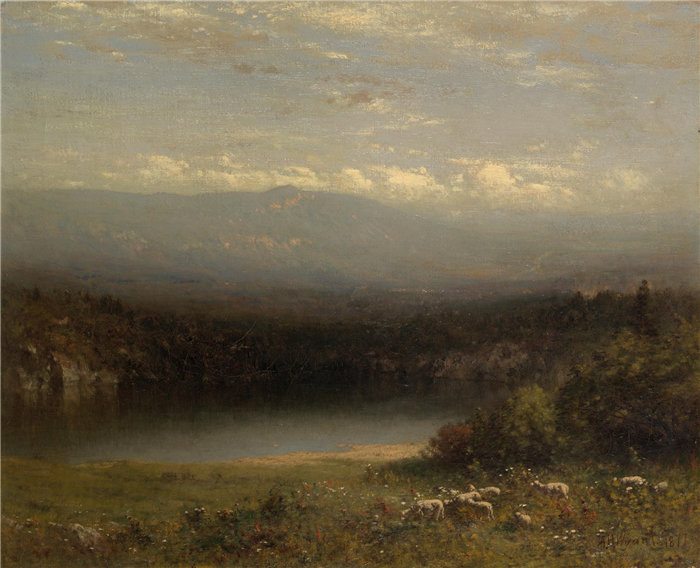 亚历山大·海尔维格·怀恩特(Alexander Helwig Wyant,1836-1892)，美国人，1836–1892 年-山湖油画