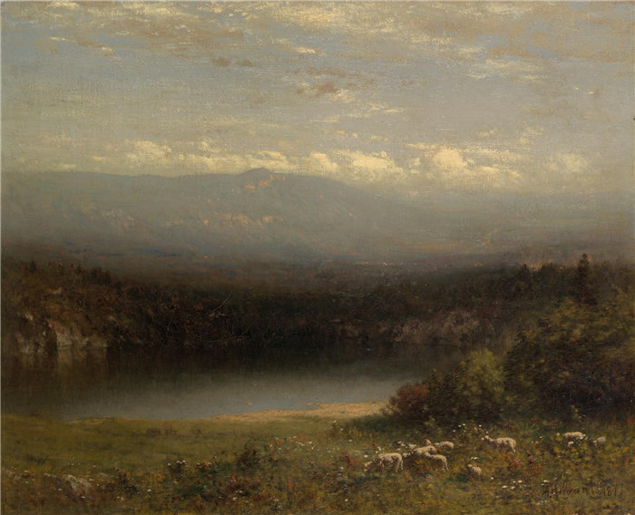 亚历山大·海尔维格·怀恩特(Alexander Helwig Wyant,1836-1892),美国人,1836–1892 年-山湖油画